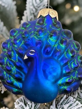 HandBlown Glass Peacock Christmas Tree Ornament Turquoise